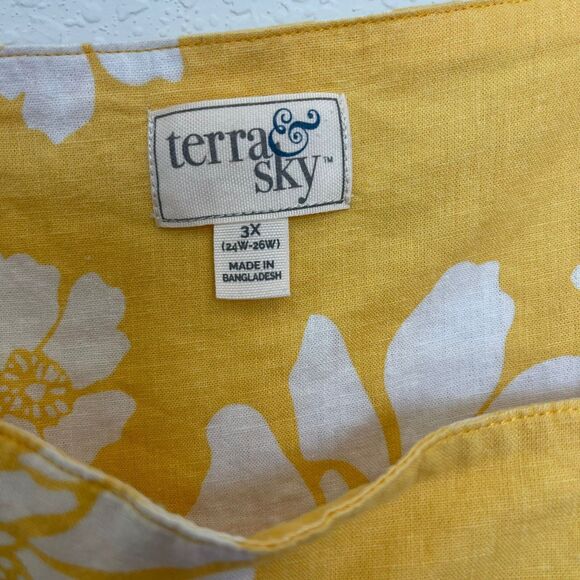 Terra & Sky Womens Blouse 3X‎ (24W-26W) Yellow White Floral Summer Spring - Picture 3 of 8
